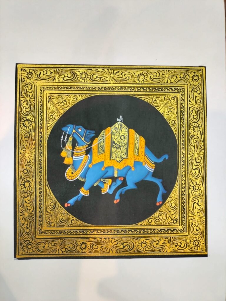 Decorated Camel in Gold Border – Rajasthani-Inspired Painting