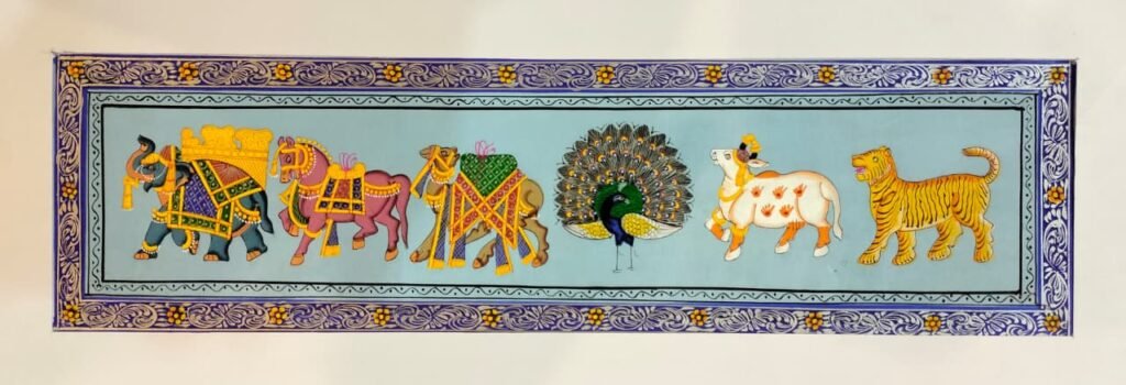 Royal Procession Panel, Blue – Rajasthani-Inspired Painting