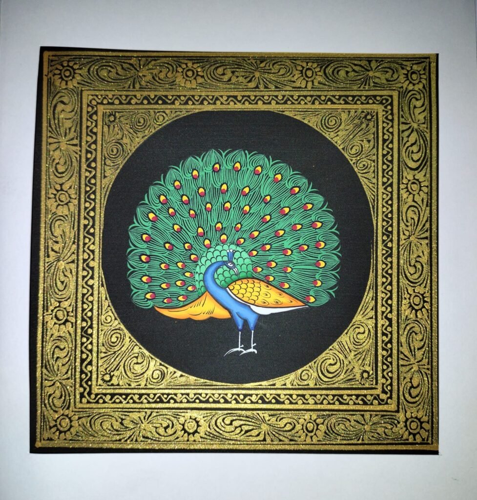 Peacock in Gold Border – Rajasthani-Inspired Painting