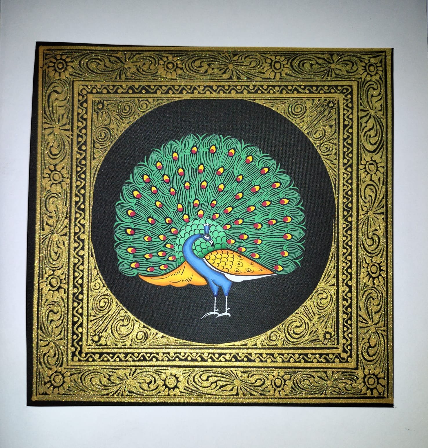 Peacock in Gold Border – Rajasthani-Inspired Painting