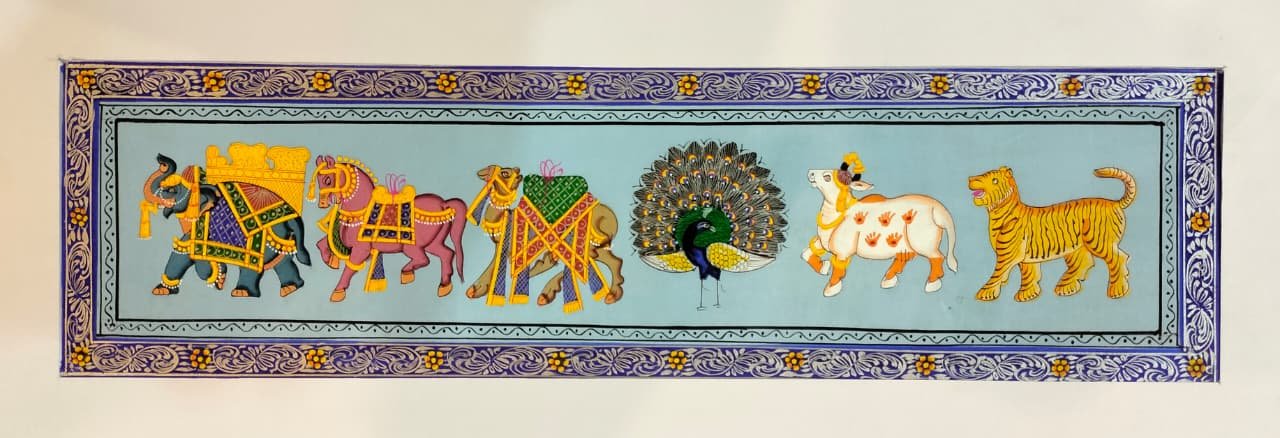 Royal Procession Panel, Blue – Rajasthani-Inspired Painting