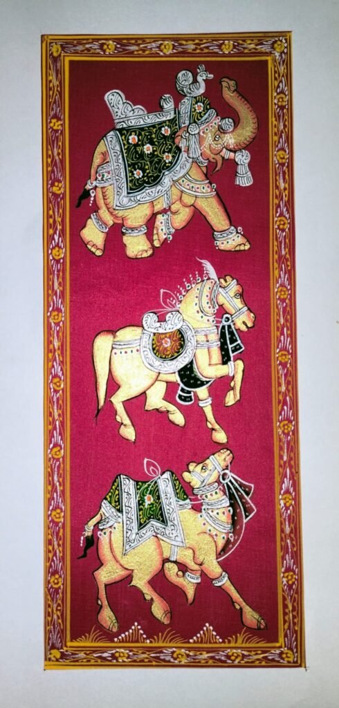 Elephant, Horse and Camel Panel – Rajasthani-Inspired Painting