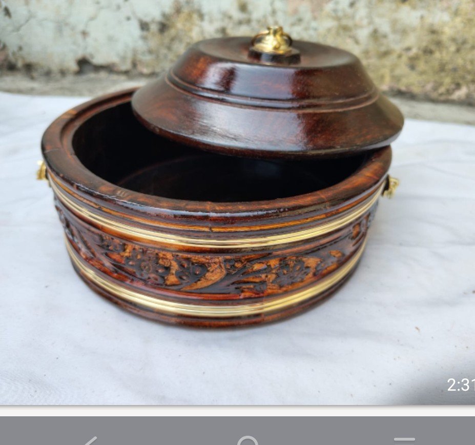 Carved Wooden Round Box with Brass Lid