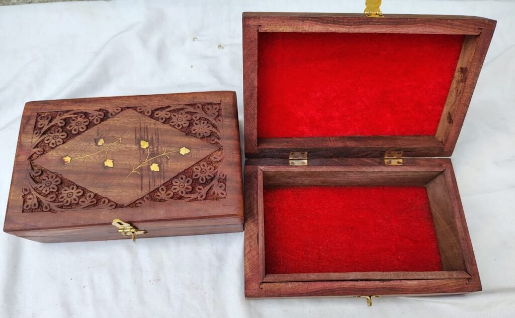 Carved Wooden Jewellery Box Set with Red Velvet