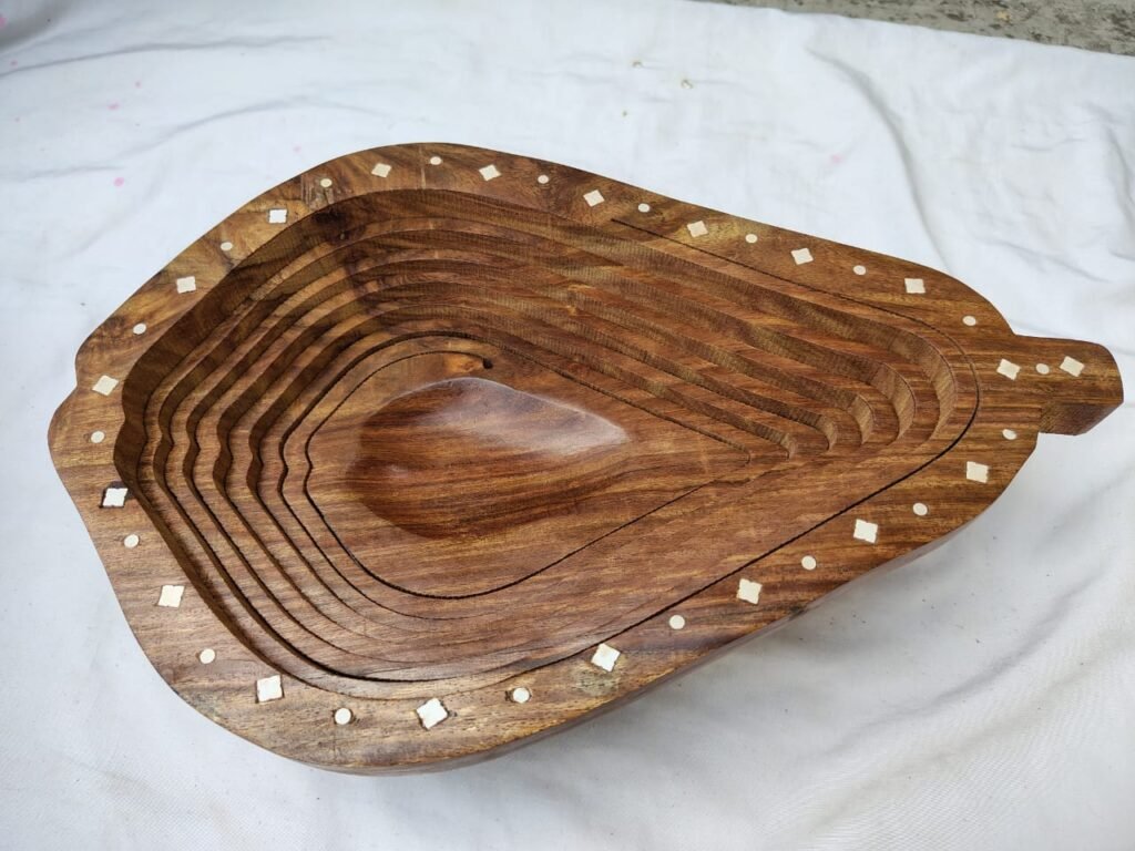 Pear-Shaped Folding Wooden Fruit Basket with Brass Inlay