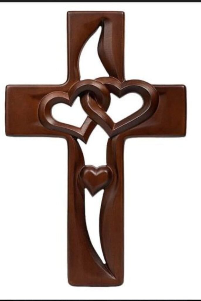 Wooden Wall Cross with Entwined Hearts