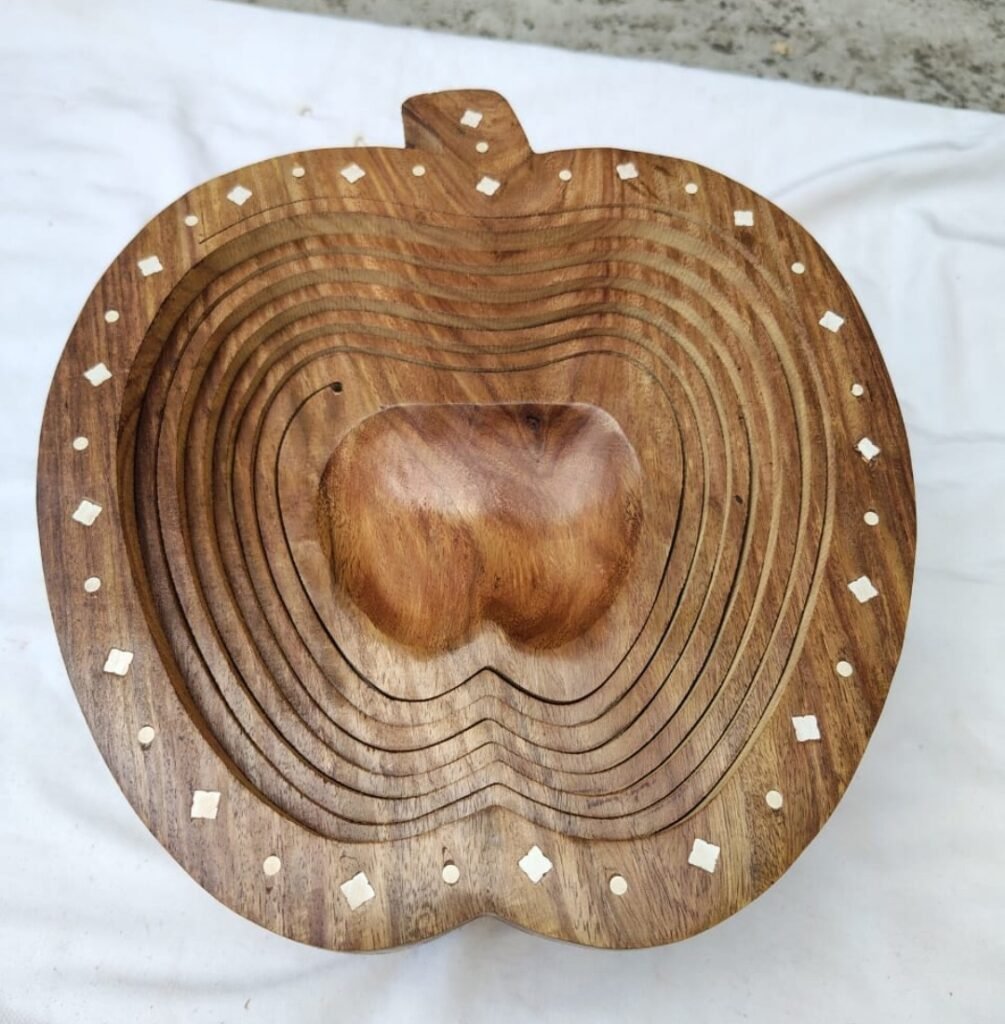 Apple-Shaped Folding Wooden Fruit Basket with Brass Inlay
