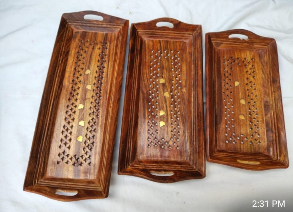 Set of 3 Inlaid Wooden Serving Trays